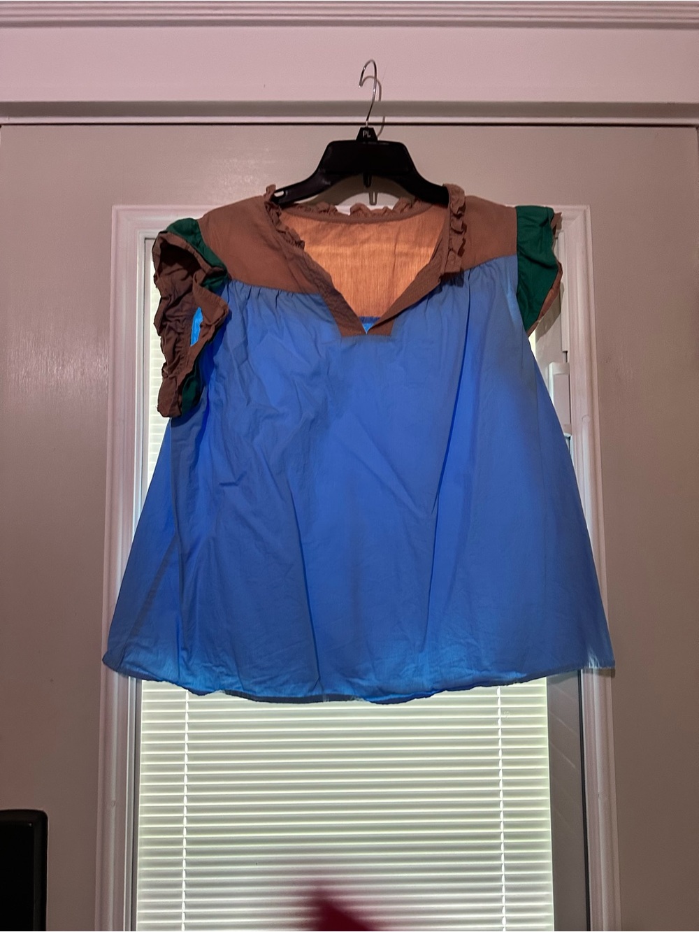 Colorblock Ruffled Sleeve Women's Top - Blue/Brown/Green